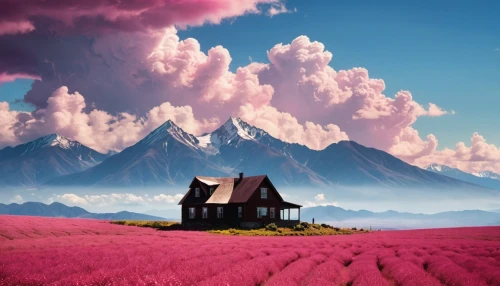 pink grass,purple landscape,landscape background,japanese alps,japan landscape,home landscape,fantasy landscape,beautiful landscape,landscape rose,lavender fields,roof landscape,landscapes beautiful,lavender field,volcanic landscape,lonely house,japanese mountains,flower field,rose pink colors,mountain landscape,nature landscape,Illustration,Realistic Fantasy,Realistic Fantasy 09