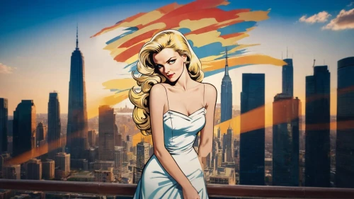 world digital painting,wonder woman city,art deco woman,art deco background,retro pin up girl,pop art style,pin up girl,marilyn,pin-up girl,pop art woman,giantess,marilyn monroe,chrysler building,vanderhorst,marilynne,tropico,dazzler,pop art girl,retro woman,vermouth