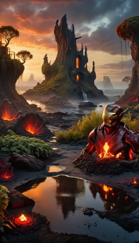 volcanic landscape,fantasy landscape,firefall,scorched earth,lava river,swampy landscape,terraforming,firelands,an island far away landscape,hoenn,mushroom landscape,morrowind,paleoenvironment,darklands,fantasy picture,karst landscape,burning earth,volcanic lake,futuristic landscape,fire planet,Illustration,Realistic Fantasy,Realistic Fantasy 40