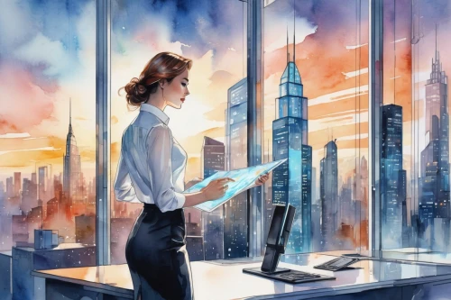 sci fiction illustration,women in technology,girl at the computer,blur office background,modern office,world digital painting,cybertrader,man with a computer,telepresence,skyscraping,futurists,cybertown,cybercity,office worker,telecommuters,computerologist,business world,office automation,window washer,virtualized,Illustration,Paper based,Paper Based 25