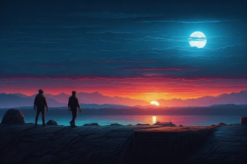 the horizon,fantasy picture,futuristic landscape,travelers,skywatchers,lunar landscape,beautiful wallpaper,horizons,dusk,horizon,world digital painting,sci fiction illustration,explorers,romantic scene,before the dawn,moonrise,dusk background,moonwalked,night scene,hd wallpaper,Illustration,Realistic Fantasy,Realistic Fantasy 25