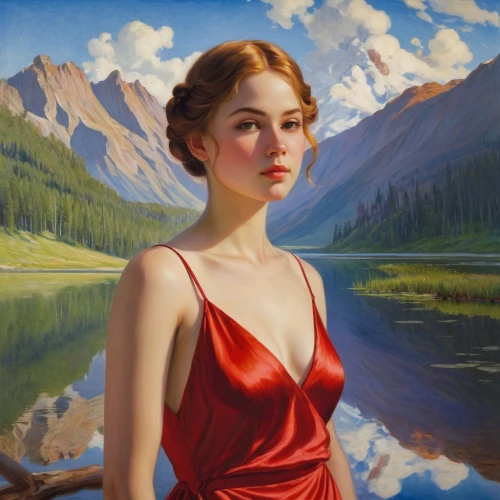 girl on the river,man in red dress,heatherley,the blonde in the river,whitmore,daines,girl in a long dress,godward,girl in red dress,tretchikoff,lady in red,young woman,guccione,lobanov,birnerova,dietzen,romantic portrait,delvaux,fonteyn,hildebrandt,Art,Classical Oil Painting,Classical Oil Painting 27