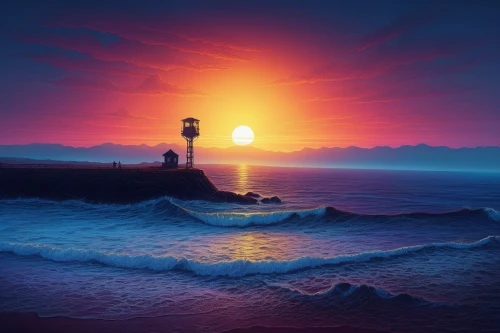 electric lighthouse,coast sunset,lighthouse,seascape,full hd wallpaper,sun and sea,red lighthouse,sea landscape,eventide,daybreak,phare,lighthouses,atmosphere sunrise sunrise,the endless sea,sunrise,beautiful wallpaper,light house,sea night,dawning,virtual landscape,Illustration,Realistic Fantasy,Realistic Fantasy 25