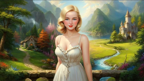 fantasy picture,the blonde in the river,fantasy art,fantasy portrait,fairy tale character,world digital painting,fantasy woman,landscape background,galadriel,fantasy girl,elona,tuatha,forest background,vasilisa,3d fantasy,fairyland,cartoon video game background,blonde woman,portrait background,marylyn monroe - female