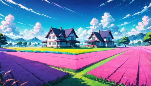 blooming field,lavender field,lavender fields,purple landscape,tulip field,pink grass,flower field,home landscape,tulips field,springtime background,landscape background,countryside,tulip fields,field of flowers,lonely house,spring background,butka,mushroom landscape,flowers field,clover meadow,Anime,Anime,Traditional