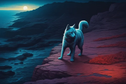 howling wolf,saluki,howl,kelpie,sand fox,desert fox,fenrir,loup,husky,barghuti,wolf,vigilant dog,oscura,constellation wolf,wolpaw,kindred,seawolf,hellhound,kosmo,cat on a blue background,Illustration,Realistic Fantasy,Realistic Fantasy 25