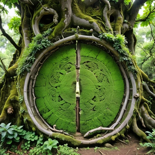 fairy door,garden door,time spiral,hobbiton,celtic tree,alethiometer,tock,circle around tree,yggdrasil,time lock,koropeckyj,druidism,round window,bomarzo,old clock,druidic,greenman,koru,portal,knothole,Illustration,American Style,American Style 05