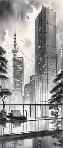 city scape,guangzhou,sky tree,unbuilt,hankou,sumida,shibaura,chiyoda,kamurocho,chengli,shangai,cityscape,shimbashi,psychiko,isozaki,shenzen,okabe,lujiazui,city skyline,city buildings,Illustration,Paper based,Paper Based 30