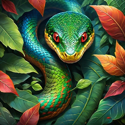 green tree snake,green python,green snake,tree snake,vipera,pitviper,serpiente,venomous snake,green tree python,serpent,tree python,nonvenomous,lagarto,powelliphanta,boomslang,chameleon abstract,constrictor,quetzal,emperor snake,emerald lizard,Illustration,Realistic Fantasy,Realistic Fantasy 01