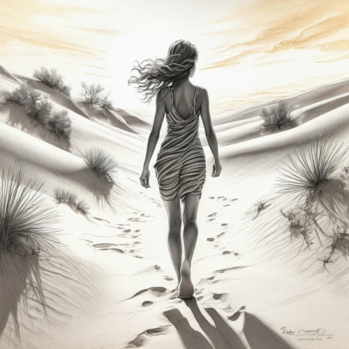 girl on the dune,woman walking,girl walking away,desert background,world digital painting,fischl,desert rose,sci fiction illustration,wandering,digital painting,shadowland,arid land,arid landscape,inanna,desert run,desertlike,the desert,shadowlands,sandstorms,sombras,Illustration,Black and White,Black and White 30