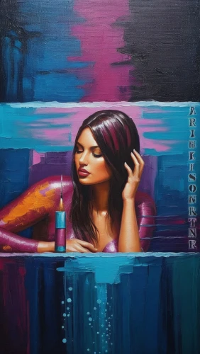 oil painting on canvas,girl on the river,jasinski,art painting,oil painting,oil on canvas,asian woman,siren,la violetta,pintura,anggun,nielly,water nymph,amerie,acqua,submerged,midwater,woman thinking,azilah,elektra,Illustration,Realistic Fantasy,Realistic Fantasy 25