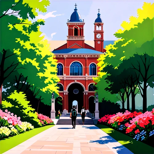 clocktower,clock tower,church painting,cathedral,springtime background,layton,belltower,steeple,churches,church bells,campanile,monastery,walk in a park,pastoral,steeples,chapels,springtime,church,gateway,quannum,Illustration,Vector,Vector 01