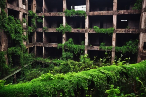overgrowth,hashima,industrial ruin,lostplace,lost place,ravines,abandoned place,disused,sanatoriums,lost places,brutalist,overgrown,scampia,dereliction,undergrowth,abandoned places,parkade,kudzu,urbex,greenery,Illustration,Abstract Fantasy,Abstract Fantasy 17