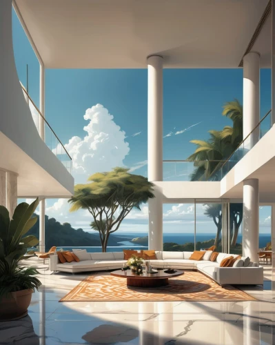 penthouses,modern living room,oceanfront,tropical house,ocean view,sunroom,interior modern design,sky apartment,paradisus,oceanview,luxury home interior,beachfront,beautiful home,living room,holiday villa,modern house,modern decor,waterview,3d rendering,roof landscape,Conceptual Art,Oil color,Oil Color 04