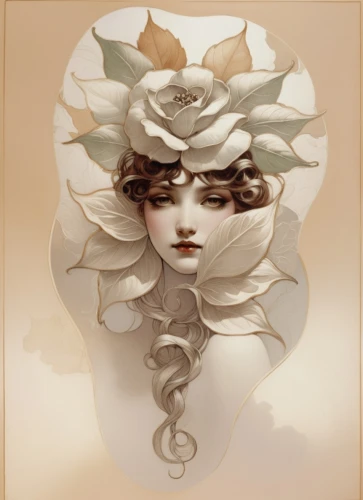 porcelain rose,laurel wreath,gardenias,gardenia,art deco woman,venetian mask,headpiece,medusa,golden wreath,filigree,datura,decorative figure,circlet,diwata,white lady,paper rose,headdress,ceramide,gorgon,peignoir,Illustration,Retro,Retro 03