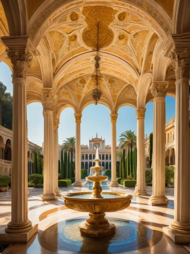 alcazar of seville,alhambra,water palace,decorative fountains,garden of the fountain,seville,villa cortine palace,alcazar,dorne,sevilla,mafra,marble palace,ringling,ritzau,palladianism,queluz,umayyad palace,sintra,floor fountain,pedralbes,Illustration,Retro,Retro 14