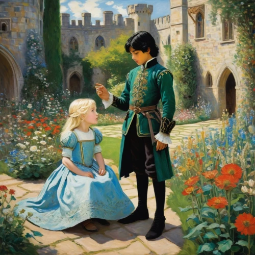 young couple,girl in the garden,gardeners,girl picking flowers,serenade,suitor,horrobin,in the garden,a fairy tale,courtship,little boy and girl,girl and boy outdoor,english garden,idyll,fairy tale,cinderella,lucquin,romantic scene,hildebrandt,flower garden,Art,Artistic Painting,Artistic Painting 04