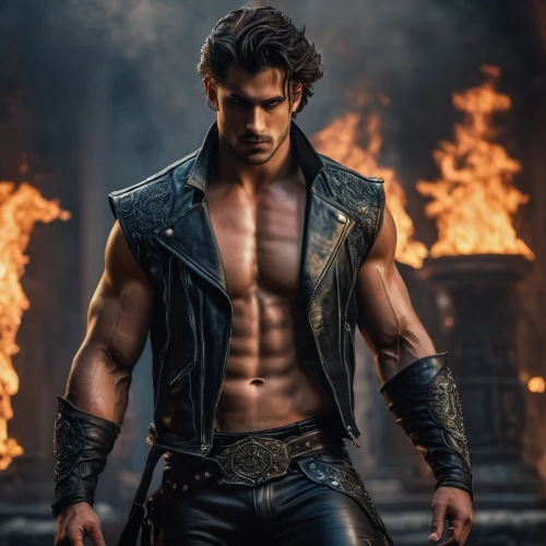 kenshiro,kazuya,gladio,manganiello,krrish,atharva,wadala,rugal,alcide,stacee,nikolais,hrithik,bara,fire background,leathery,kellan,male character,ferrigato,arjun,sooraj,Photography,General,Fantasy