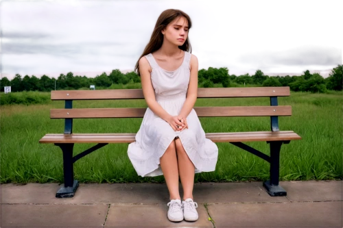 girl sitting,girl in a long,bench,park bench,girl in a long dress,woman sitting,girl in white dress,depressed woman,the girl at the station,girl praying,loneliness,alone,melancholic,relaxed young girl,melancholia,photoshop manipulation,photo manipulation,wooden bench,young girl,melancholy,Illustration,Japanese style,Japanese Style 13