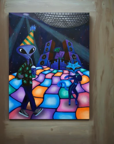 psychonauts,dmt,ufo interior,zooropa,dance with canvases,glass painting,alebrije,spaceland,dichroic,interdimensional,martians,light paint,kaleidoscope art,dancefloor,extraterrestrials,disco,dancing couple,kokopelli,ska,light graffiti