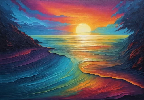 coast sunset,seascape,sea landscape,rainbow waves,ocean,ocean background,sun and sea,coastal landscape,oil painting on canvas,colorful background,senja,el mar,beach landscape,danxia,painting technique,art painting,colorful water,ocean waves,tidal wave,sunset beach,Illustration,Realistic Fantasy,Realistic Fantasy 25