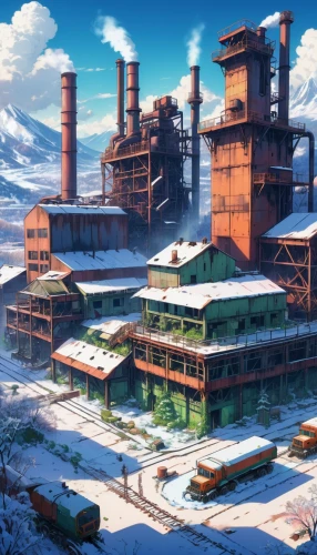 industrial landscape,factories,industrial plant,industrialization,syberia,industrialism,heavy water factory,refinery,industrial area,steel mill,industrie,refineries,industrielle,industries,oil refinery,chemical plant,industrial ruin,industrialize,manufactory,industriels,Illustration,Japanese style,Japanese Style 03