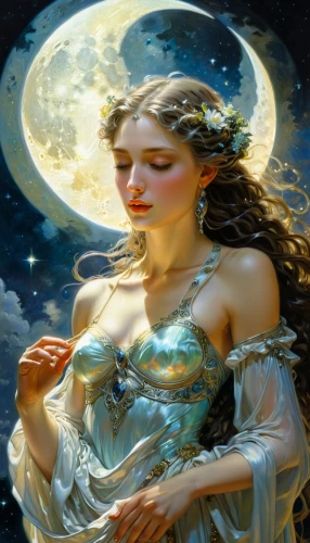 diwata,amphitrite,oshun,zodiac sign libra,faerie,celestial body,persephone,baoshun,queen of the night,ostara,inanna,celestial,moonchild,ariadne,faery,hesperides,frigga,selene,moonbeams,fantasy art,Illustration,Realistic Fantasy,Realistic Fantasy 03