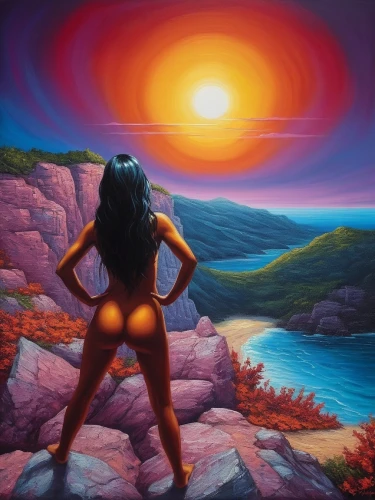 ladyland,fantasy art,girl on the dune,fantasy picture,naturism,hipgnosis,morning illusion,neon body painting,surrealism,inanna,surrealist,supernature,thorgerson,root chakra,mother earth,mother nature,surrealistic,seaward,secret garden of venus,hemispheres,Illustration,Realistic Fantasy,Realistic Fantasy 25