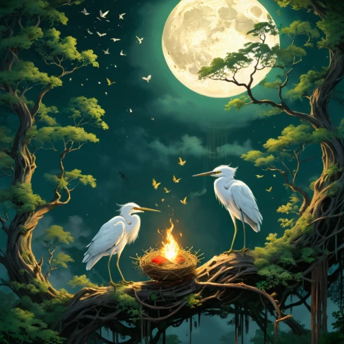 kupala,bird kingdom,fantasy picture,night bird,egrets,campfire,romantic scene,the night of kupala,songbirds,angel lanterns,bird painting,bird illustration,fairy lanterns,moon and star background,flower and bird illustration,owl background,herons,moon and star,bird bird kingdom,birds on a branch,Unique,Design,Character Design