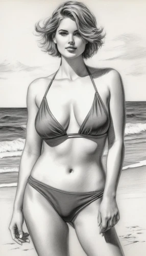 advertising figure,beachgoer,female model,beach background,pencil drawings,burkinabes,seaward,charcoal drawing,radebaugh,pencil drawing,charcoal pencil,beachwear,beach toy,beachcomber,kolinda,female swimmer,liposuction,toccara,retro woman,airbrushing,Illustration,Black and White,Black and White 30