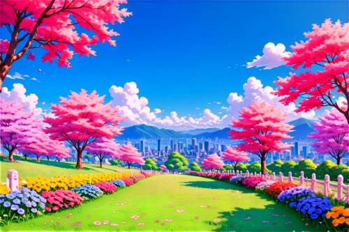 springtime background,spring background,landscape background,japanese sakura background,cartoon video game background,blooming field,tulip festival,flower field,tulip field,field of flowers,flower garden,tulip fields,flower background,3d background,bloomeries,blooming trees,easter background,sakura trees,cartoon forest,nature background,Illustration,Japanese style,Japanese Style 02
