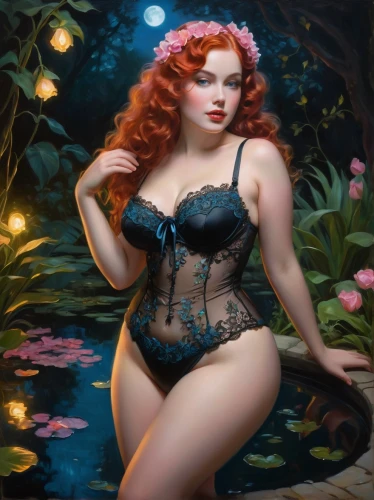 burlesques,secret garden of venus,valentine pin up,nereid,naiad,water nymph,rusalka,pin-up model,amphitrite,ophelia,venus,aphrodite,the sea maid,valentine day's pin up,sirena,pin ups,fantasy woman,pin-up girl,the blonde in the river,bacchante,Art,Classical Oil Painting,Classical Oil Painting 15