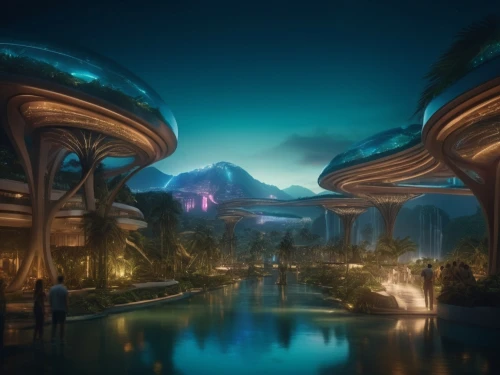 futuristic landscape,atlantis,alien world,jupiters,futuristic architecture,diamond lagoon,lagoon,arcology,futuristic art museum,underwater oasis,ecotopia,vdara,sky space concept,valerian,cardassia,dubai garden glow,futuristic,alien planet,delamar,atlantean,Photography,General,Cinematic