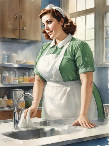 girl in the kitchen,woman holding pie,washerwoman,cleaning woman,washing dishes,domesticity,dishwashing,1940 women,housewife,stovetop,housework,retro 1950's clip art,domestica,vintage kitchen,maureen o'hara - female,frigidaire,maidservant,wash the dishes,housemaid,woman with ice-cream,Digital Art,Watercolor