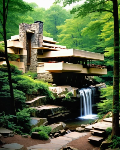 fallingwater,midcentury,mid century house,modernism,mid century modern,docomomo,ryokan,amanresorts,forest house,kimmelman,brutalism,green waterfall,waterfalls,waterfall,brutalist,taliesin,streamside,house in the forest,wissahickon,water mill,Conceptual Art,Sci-Fi,Sci-Fi 16