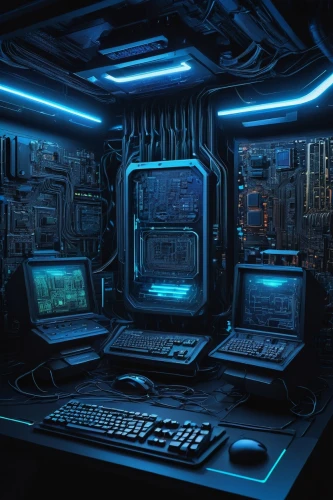 cyberspace,spaceship interior,computer room,cyberscene,nostromo,mainframes,cyberworld,cybertrader,cyber,spacelab,computer graphic,computerized,cyberview,desktops,terminals,ufo interior,scifi,stardock,computer workstation,cybernet,Illustration,Black and White,Black and White 18