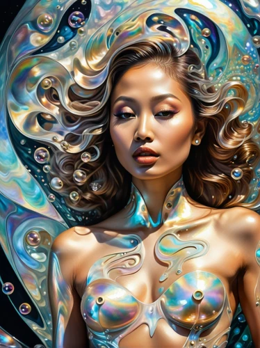 bodypainting,fluidity,neon body painting,bodypaint,holography,naiad,water pearls,body painting,asian vision,world digital painting,promethea,sirena,airbrush,water nymph,fractals art,cosmogirl,fantasy art,mermaid background,fathom,immersed,Illustration,Realistic Fantasy,Realistic Fantasy 40