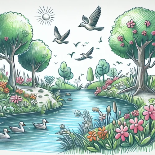 meadow in pastel,springtime background,flower and bird illustration,fairy world,lilly pond,garden pond,lily pond,fairy forest,fairyland,bird kingdom,spring background,nature garden,pond,wetland,pond plants,waterbody,wetlands,pond flower,brook landscape,spring meadow