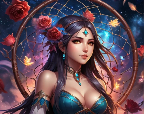 zodiac sign libra,fantasy portrait,elven flower,inara,fantasy art,diana,rosa 'the fairy,zodiac sign gemini,persephone,fantasy picture,fairie,flower fairy,flora,blue enchantress,fantasy woman,liliana,faerie,beautiful girl with flowers,sona,wreath of flowers,Illustration,Realistic Fantasy,Realistic Fantasy 01