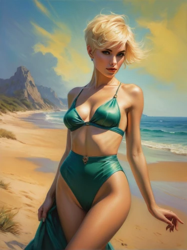 beachwear,donsky,beach background,beach scenery,pinu,blonde woman,world digital painting,pin-up girl,fantasy art,beach landscape,beachcomber,the blonde in the river,marilyn monroe,pin-up model,beachgoer,the sea maid,guenter,radebaugh,retro pin up girl,girl on the dune,Conceptual Art,Fantasy,Fantasy 11