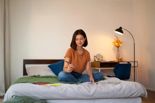 woman on bed,bedroom,girl in bed,bedside lamp,mirifica,anastassiades,eero,table lamp,inflatable mattress,woman laying down,singing bowl massage,modern room,padmasana,gybed,bed,relaxing massage,meditator,nightstands,relaxed young girl,osteopath