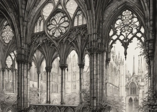 neogothic,haunted cathedral,cathedrals,hall of the fallen,gothic,gothic style,praetorium,gothic church,sanctuary,cathedral,undercity,magisterium,hogwarts,diagon,ravenloft,sepulchres,sanctum,osgiliath,liturgy,transept,Illustration,Black and White,Black and White 34