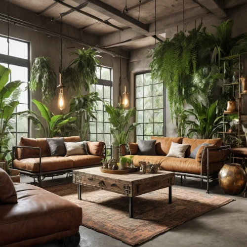 houseplants,house plants,packinghouse,loft,philodendron,sofas,houseplant,philodendrons,exotic plants,bellocq,tropical house,interior design,tropical jungle,potted plants,modern decor,living room,apartment lounge,hanging plants,rustic aesthetic,herbology,Photography,General,Realistic