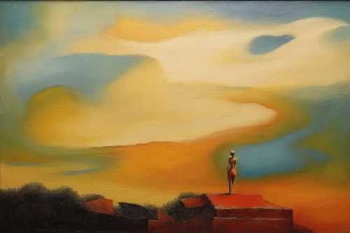 girl on the dune,oil painting,oil painting on canvas,woman thinking,girl walking away,yellow sky,oil on canvas,girl in a long,apotheosis,woman walking,hosseinpour,woman silhouette,art painting,visitation,orange sky,skywatchers,desert landscape,overpainting,mexican painter,little girl in wind,Illustration,Abstract Fantasy,Abstract Fantasy 09