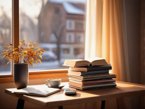 snowy still-life,coffee and books,winter window,winter light,tea and books,window sill,windowsill,winter morning,reading room,morning light,study room,booklist,lectio,bookshelves,bookcases,bookcase,book stack,book gift,bookish,book bindings,Conceptual Art,Oil color,Oil Color 09