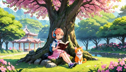 sakura background,sakura tree,japanese sakura background,little girl reading,hanami,sakura trees,book wallpaper,spring background,sakura,sakura branch,the girl next to the tree,storybook,reading,springtime background,sakura blossoms,the cherry blossoms,sakura blossom,girl with tree,cherry trees,girl studying,Anime,Anime,Traditional