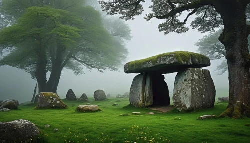 mushroom landscape,megalithic,dolmen,standing stones,druidic,stone circles,megaliths,druids,ireland,moss landscape,celtic tree,druidism,cromlech,stone circle,background with stones,neolithic,menhirs,northern ireland,mushroom island,foggy landscape,Photography,Black and white photography,Black and White Photography 01