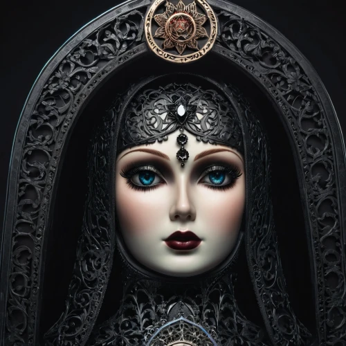 leota,gothic portrait,amidala,hecate,fornasetti,lacrimosa,viveros,mirror of souls,doll looking in mirror,dolorosa,priestess,mediatrix,hekate,diamanda,shrilly,estess,reliquary,volturi,art nouveau frame,grimoire,Illustration,Realistic Fantasy,Realistic Fantasy 46