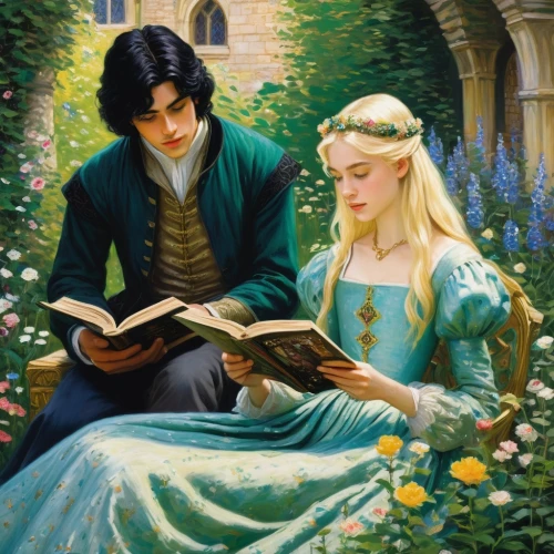 young couple,a fairy tale,fairy tale,lectura,reading,romantic scene,romantic portrait,fairytales,storybook,readers,bookworms,courtship,bibliophile,serenade,read a book,fantasy picture,relaxing reading,readership,prince and princess,fairytale characters,Art,Artistic Painting,Artistic Painting 04