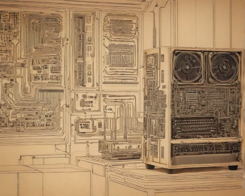 eniac,old calculating machine,motherboards,transistorized,kienholz,computer art,motherboard,circuitry,circuit board,switchboards,vintage wallpaper,fractal design,mainframes,philco,tube radio,paolozzi,switch cabinet,radioteletype,arpanet,cabinet,Illustration,Abstract Fantasy,Abstract Fantasy 21